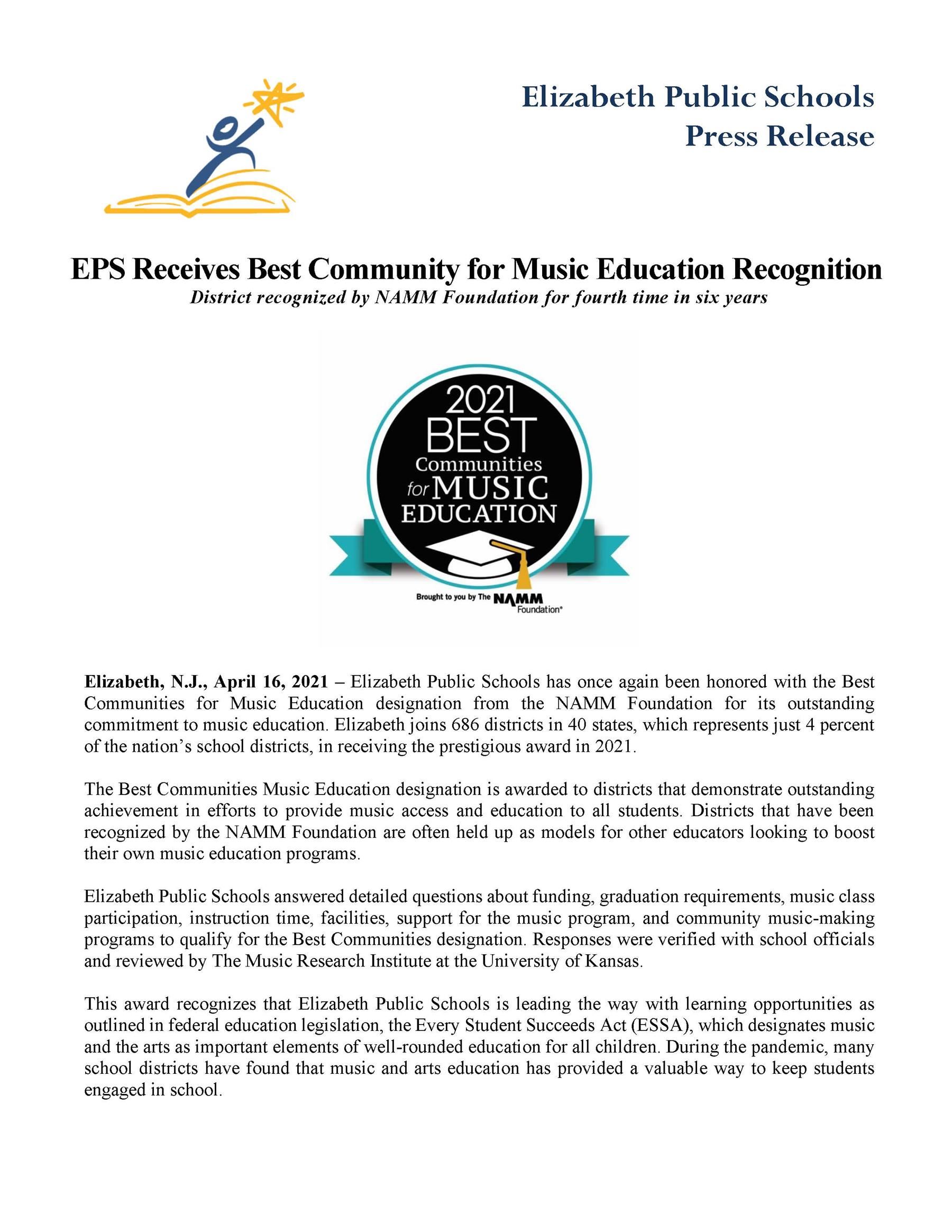 EPS Receives Best Community for Music Education Recognition- 4-16-21 